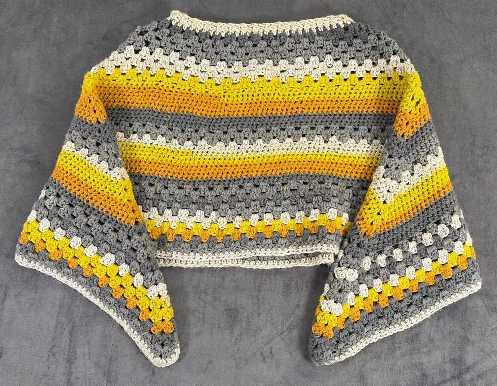 Handmade Crochet Poncho Retro Boho Festival Hippie Groovy No Size Grey Yellow
